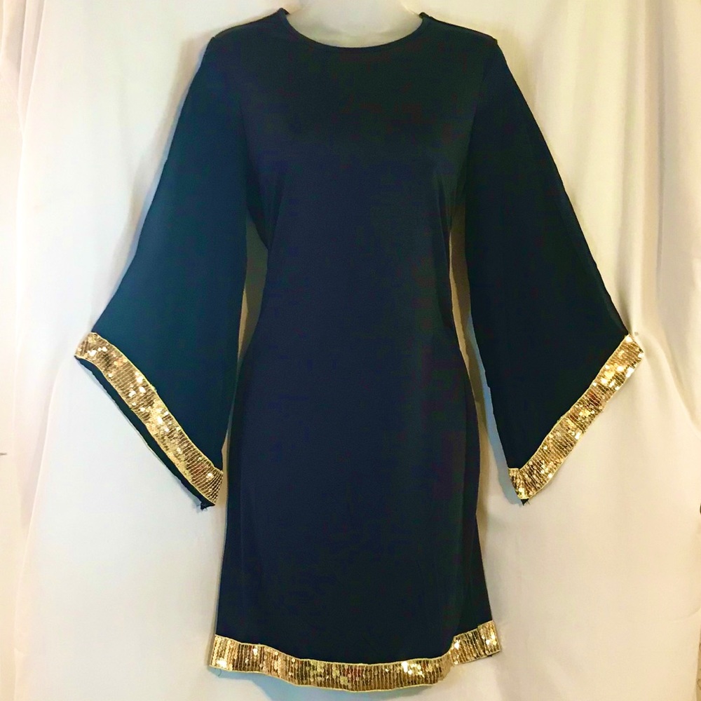 NWT Women’s Black and Gold Trimmed Dress- Small